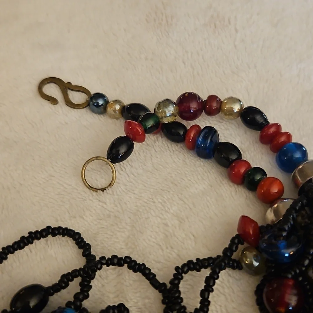 Vintage Indian Black and Multicolor Rainbow Glass Beaded Multi-strand Necklace